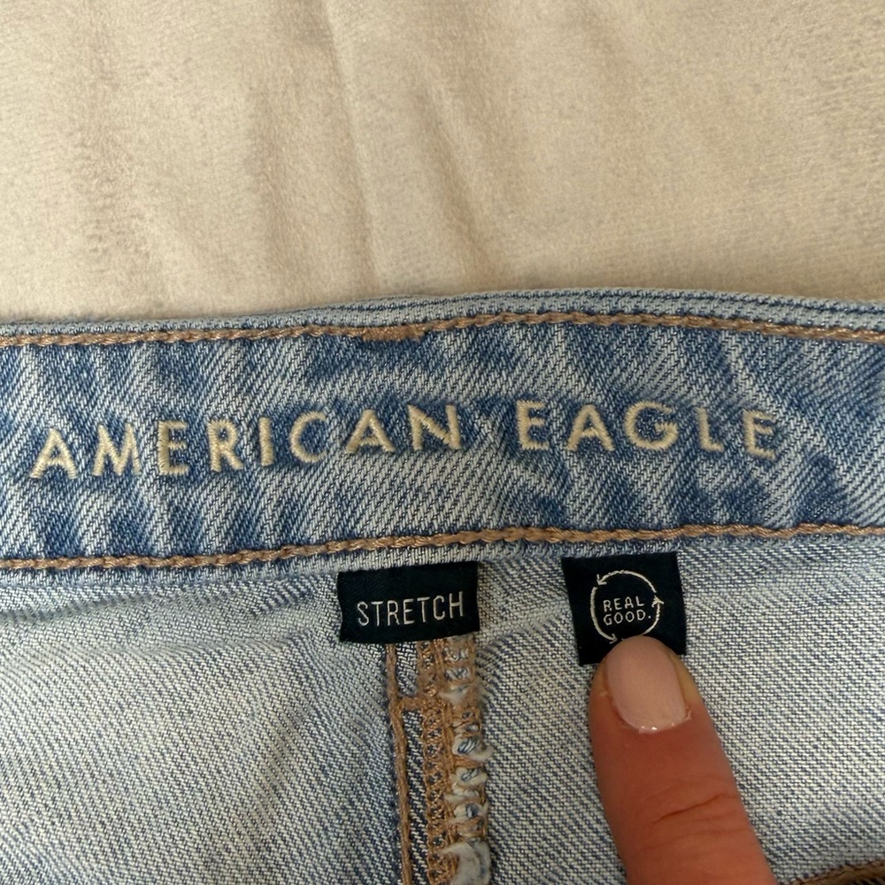 AE Stretch Crossover High-Waisted Perfect Denim Mini Skirt, Light Wash, Size: 14 - Picture 8 of 11
